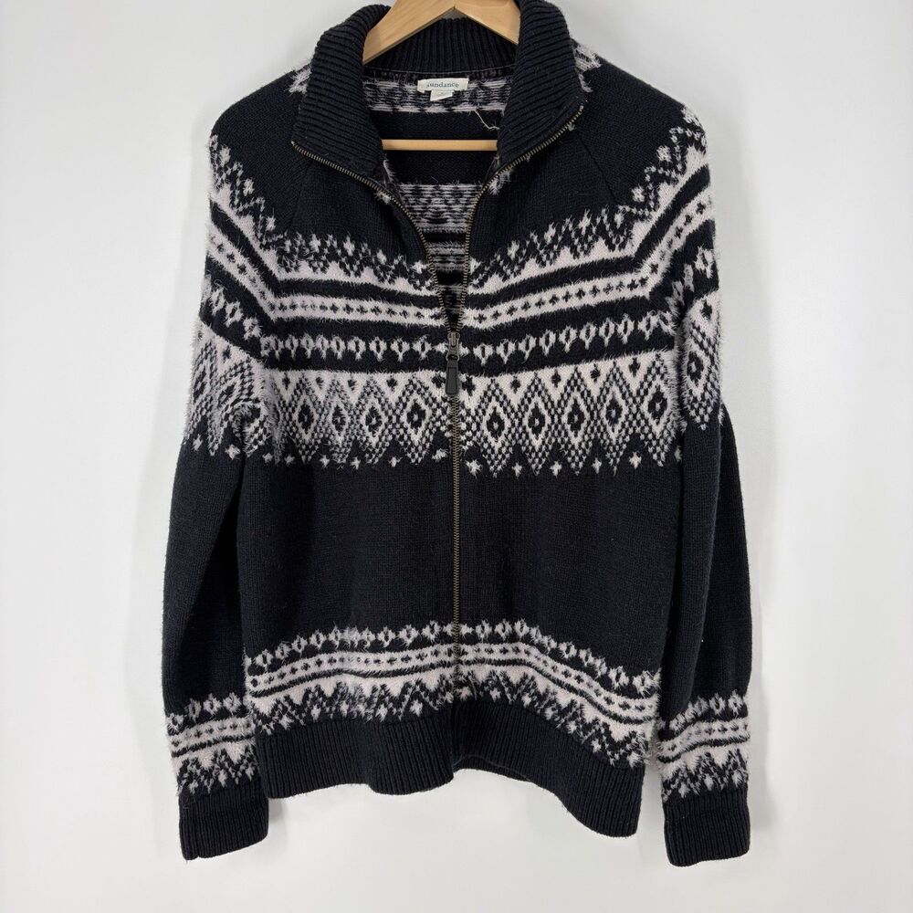 Sundance Fenn Fair Isle Sweater Small Navy Zip Fuzzy Cardigan Cabincore Jacket